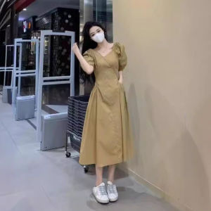 ชุดเดรสยาวปานกลางแขนสั้นสไตล์ฝรั่งเศส ทรงเอเข้ารูป ผ้าโพลีเอสเตอร์ ฤดูร้อน 2025 ชุดทำงานสุดหรูหรา เดรสยาวปานกลาง