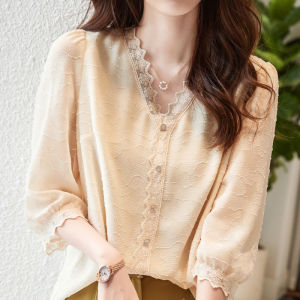 Loose V-neck Seven-quarter Sleeve Lace Trim Texture Sensation Silk Shirt Womens Top Spring Summer New Arrival Fashion