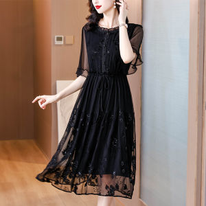 MAIMEI | Elegant Black Embroidered Dress Heavy Work Female Fashion Summer New Arrival High Waist A-Line Skirt Midi Dress Luxury Style