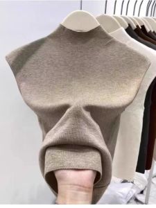 Slim Fit Base Shirt Tank Top with Flying Sleeves Half High Collar Sleeveless Knitted Womens Fashion Commute Style Cotton Summer