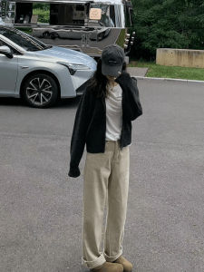 กางเกงยีนส์ทรงตรงเอวสูง กางเกงขายาวทรงหลวม กางเกงยีนส์ทรงตรงสีกรมท่า กางเกงยีนส์ทรงตรงทรงหลวมสำหรับผู้หญิง ฤดูใบไม้ร่วง 2024