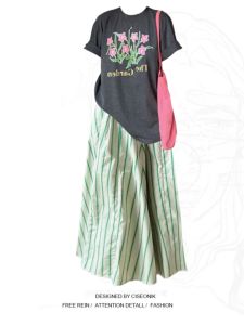 plus Size Casual Set Women Summer Versatile Print T-Shirt Top plus Irregular Stripe Half-length Skirt Two-piece Set