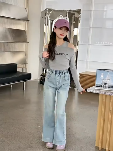 130-160cm น้ำแข็งเส้น กางเกงยีนส์เด็กผู้หญิง กางเกงเด็กผู้หญิง เอวสูง เอวยางยืด เวอร์ชั่นเกาหลี แฟชั่น 【จัดส่งจากประเทศไทย】