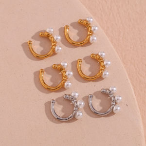 Three pearl C-shaped Ear Clips Tarnish Free 18K Gold Plated Silver Color Earrings for Women 316L Stainless Steel Ear Cuffs