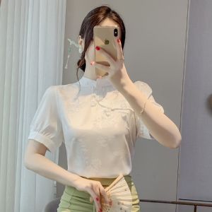 Light National Style Jacquard Satin Shirt Womens Summer Retro Stand Collar Frog Button Short Sleeve Shirt New Chinese Style with Horse-Face Skirt Tops