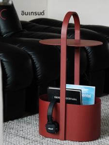 โต๊ะข้างโซฟาดีไซน์นอร์ดิก สำหรับห้องนั่งเล่น โต๊ะมุมอเนกประสงค์ พร้อมชั้นวางของ สีดำ ชั้น รูปทรงวงรีโลหะ อินเทรนด์ ชิ้น