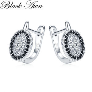 Awn Classic Silver Color Oval Black Trendy Spinel Engagement Hoop Earrings for Women Jewelry Bijoux I149
