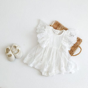 New summer childrens cotton lace embroidered onesie for girls princess style mesh romper dress.