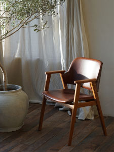 Nordic Teak Leather Dining Chair with Armrests