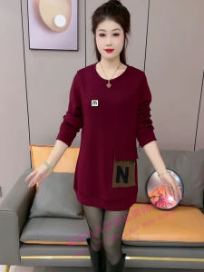 Womens Oversized Fleece Lined Hoodie round Neck Pullover Casual Long Sleeve mid Length Base Shirt Slimming Versatile Autumn Winter New Style