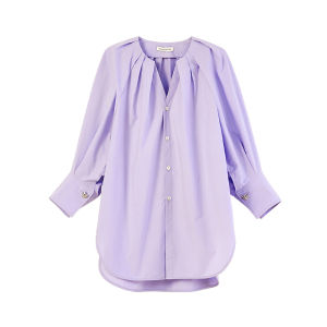 Bluewedian French V-neck Design Summer New Womens Shirt Lazy Folded Sleeve Cotton Loose Fit Button up Pure Color Commute