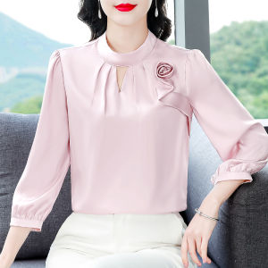 Elegant Satin Ladies Shirt Stand Collar Sleeveless Fashionable Momma Seven Sleeve Chiffon Top Commute Style Loose Fit Button Detail