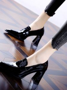 Simple Painted Leather Pointed Toe Work Shoes Womens Spring Autumn New Style Versatile Professional Thick Heel Outdoor High Heels