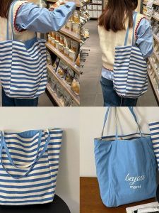 Double-Sided Canvas Tote Bag with Blue Stripes Large Capacity Casual Single Shoulder Bag for Students And Young People