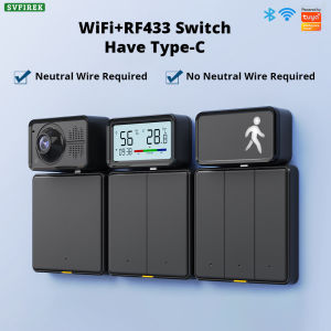 Tuya WiFi Bluetooth RF433 Smart EU Wall Light Button Switch 110-240V Neutral Wire Type-C Timing Voice App Control Fireproof Material Fluorescent Strip Works with Alexa Google