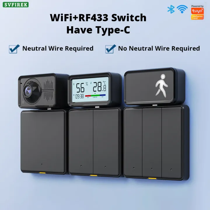 Tuya WiFi Bluetooth RF433 Smart EU Wall Light Button Switch 110-240V Neutral Wire Type-C Timing Voice App Control Fireproof Material Fluorescent Strip Works