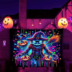 VIKAMA Blacklight UV Reactive Tapestry Neon Splatter Psychedelic Witch Pumpkin Design Treo Tường Cho Bữa Tiệc Halloween Trang Trí Phòng Ngủ