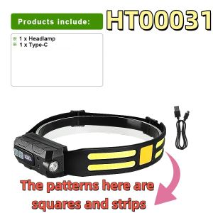 White&Yellow Light Sensor Headlamp COB&LED Head Flashlight Type-C Rechargeable Headlight Built-in Battery 5 Modes Fishing Hunt