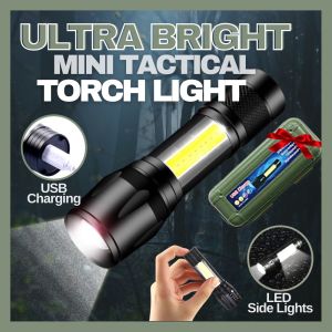 Mini Flashlight Portable Zoomable LED Touchlight With Side Lights USB Torchlight Super bright Outdoor Waterproof Emergency Light Camping Light