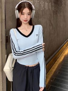 Retro American Striped Long Sleeve T-Shirt Womens Short Base Shirt Top Slim Fit Fall Winter New Style Spicy Girl Shoulder Width