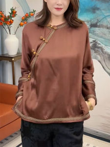 QINGNAER | Chinese Style Buttoned Cross Collar Long Sleeve Shirt