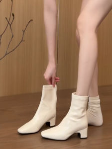 Giày Bốt Cao Gót Baranbabe Màu Trắng Đế Cao Su Cao Gót Ngắn Co Giãn Thời Trang Mùa Hè 2025 Phong Cách Pháp