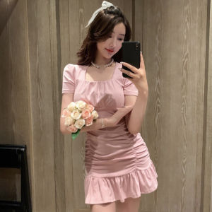 Summer Retro Style Fashionable Sneaky Design Square Collar Ruffle Hip Ruffled Fishtail Skirt Girl Slim Fit Slim Looking Dress