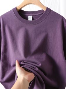 Super White! Brin Purple 250G Heavy Weight Pure Cotton Short Sleeve T-shirt Mens and Womens Starry Sky Purple Thick Half Sleeve Tops