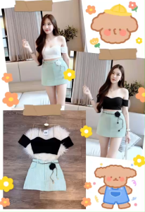 TW22819  Set 2 ชิ้น เสื้อปาดไหล่ + กระโปรงสั้น ..