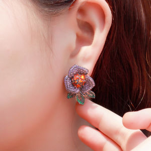 SEQUITO ครัว เครื่องประดับหูผู้หญิงสไตล์ยุโรปชูบทองสีดำปูเต็มรูปแบบที่มีสีสันเพชรสังเคราะห์ AAAA ย้อนยุคดอกไม้ใหญ่ต่างหู SE841ยาวสำหรับปาร์ตี้