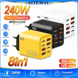 Aitemay 8-in-1 GaN USB-C Desktop Charger 240W Fast Charge with Type-C Cable for iPhone Samsung Xiaomi EU/US/UK Plug