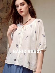 Basic House | White Print V-Neck Short Sleeve Lightweight Autumn Shirt