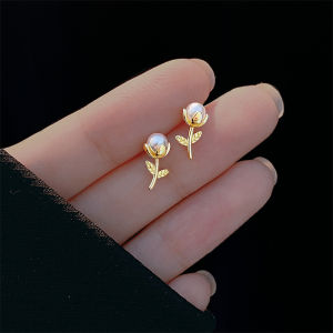 Sweet Mini Stud Earrings For Women Fashion New Tulip Flower Imitation Pearl Piercing Earring Girl Jewelry Gift Party