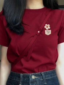 เสื้อยืดแขนสั้นผู้หญิง La Chapelle ทรงหลวม สไตล์สตรีท ลายการ์ตูน ผ้าฝ้ายแท้ 100% ฤดูร้อน 2024 แขนสั้น สีแดงวินเทจ