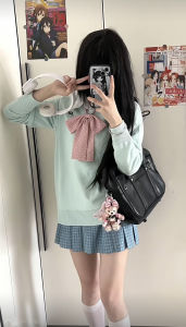 สีดำ แขนยาว เสื้อสเวตเตอร์ ผู้หญิง คอวี เสื้อผ้าชั้นในแบบถักสไตล์เครื่องแบบ JK ฤดูใบไม้ร่วง ฤดูหนาว แฟชั่น หวาน เสื้อสีพื้น