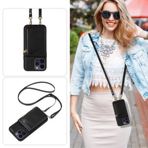 RFID Blocking Anti-brush Cover For iPhone 17 Pro Max Air 16 Pro15 Pro 14 Pro 13 Pro 12 pro iphone 11 XS MAX XR 7 Plus Case Zipper Multi-Card Slots Holder Wallet Split Purse Pouch Kickstand Strap Lanyard Crossbody Ribbon Case