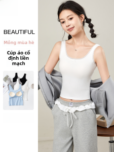 MiiOW | Áo ba lỗ ren trắng dây đeo vai cho nữ Áo ngực tích hợp mùa hè Áo lót cơ bản cho nữ Áo ba lỗ một mảnh MiiOW Sweet Style