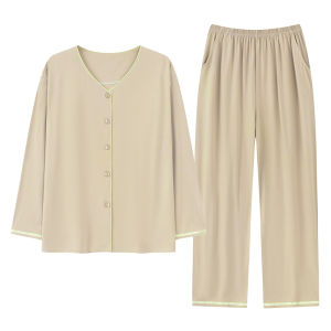 miiow | MiiOW Modal Sleepwear Thin Summer Long Sleeve Long Pants Home Clothes Set Womens Casual Comfortable Breathable V-neck Pure Color