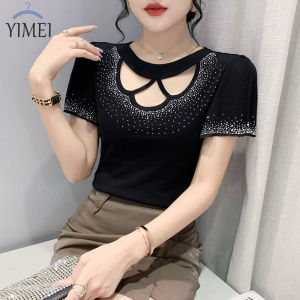 YIMEI Áo Nữ Đẹp 2023 Mùa Hè Phiên Bản Hàn Quốc Áo Thun Lưới Cổ Chữ V Gợi Cảm Mới Đồ Thủ Công Nặng Nề Lá Sen Áo Ủi Phẳng