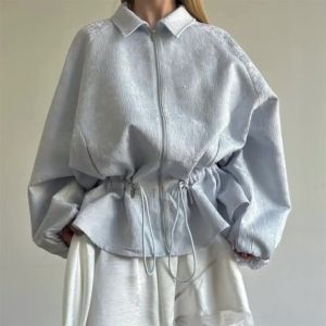 2026 Autumn New Solid Color Long-sleeved Loose Zipper Lapel Drawstring Jacket Womens Retro Fashion Holiday Versatile Jacket