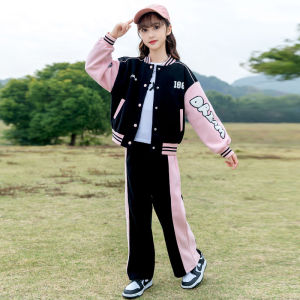 ชุดกีฬาฤดูใบไม้ร่วงสำหรับเด็กผู้หญิง ชุดฤดูใบไม้ผลิและฤดูใบไม้ร่วง เสื้อคลุมกันหนาว แฟชั่นเด็กผู้หญิง วัยโต ชุดสองชิ้น ชุดกันหนาว