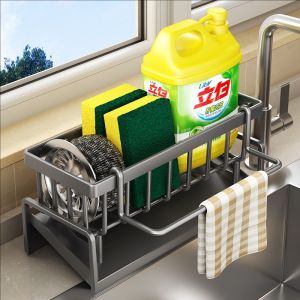 YESPERY Self-draining Sink Shelf with Dishcloth Holder ABS Kitchen Sink Drain Rack Soap Sponge Holder Kitchen Organizer for Cleaning Tool
