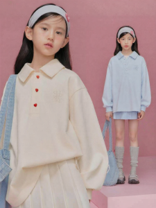 LOVESASAKIDS | Contrast Color Heart Button Loose Fit Polo Collar Girls T-Shirt