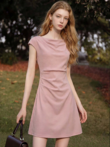 French Pink Wrinkle Waist Cinch Slimming Simple and Elegant Short Sleeves Dress