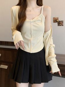 Anti-Aging plus Size Womens Summer Outfit Two-Piece Set Slimming Pure Desire Sweet Spicy Short Sleeve Top with Button Detail