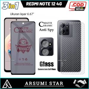 Promo Paket Murah 3 IN 1 Tempered Glass Ceramic Matte Anti Spy XIAOMI REDMI NOTE 12 4G Anti Gores Pelindung Layar Ceramic Matte Anti Spy  + Garskin Carbon + Skin Camera
