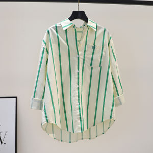 Loose Long Sleeve Womens Cotton Shirt Green Stripes Single Pocket Spring Fresh Versatile Open Cardigan Top Korean Style