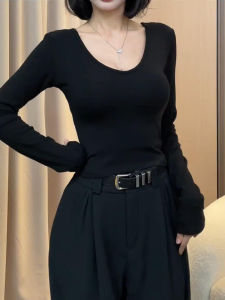 Red Chic Sweet And Spicy Womens T-Shirt Short Sleeve Long Sleeve U-Neck Slimming Trendy Top for Autumn Korean Style Commute