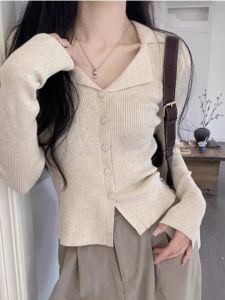 Elegant Polo Collar Knitted Open Cardigan Womens Autumn Winter V Neck Sweater Base Shirt Inner Long Sleeve Top Slim Fit