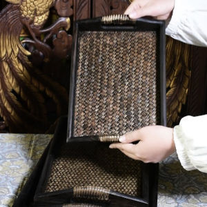 Solid Wood Tray Square Small Wooden Tea Tray Large Household Coffee Table Living Room Retro Tea Cup Tea Set Bamboo Woven Saucer
